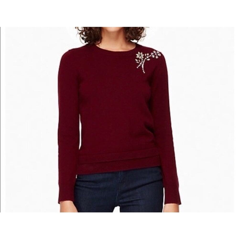 Kate Spade Sweater Embellished Brooch Wool Burgundy Size Medium (M)